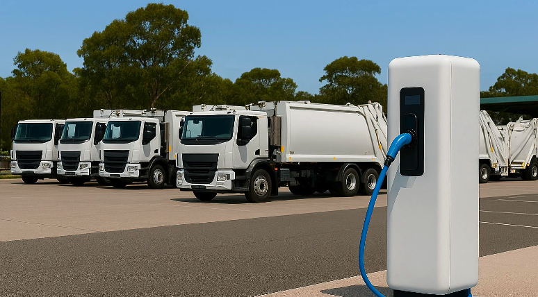 Electric refuse vehicles at a modern charging depot